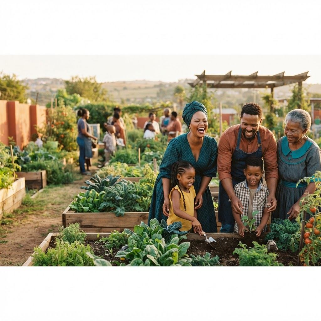A family gathered together in a sunny community garden